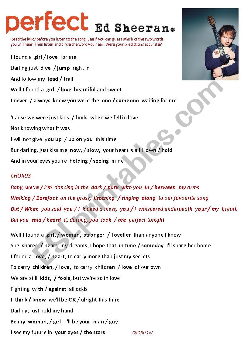 English Worksheets Perfect By Ed Sheeran SONG