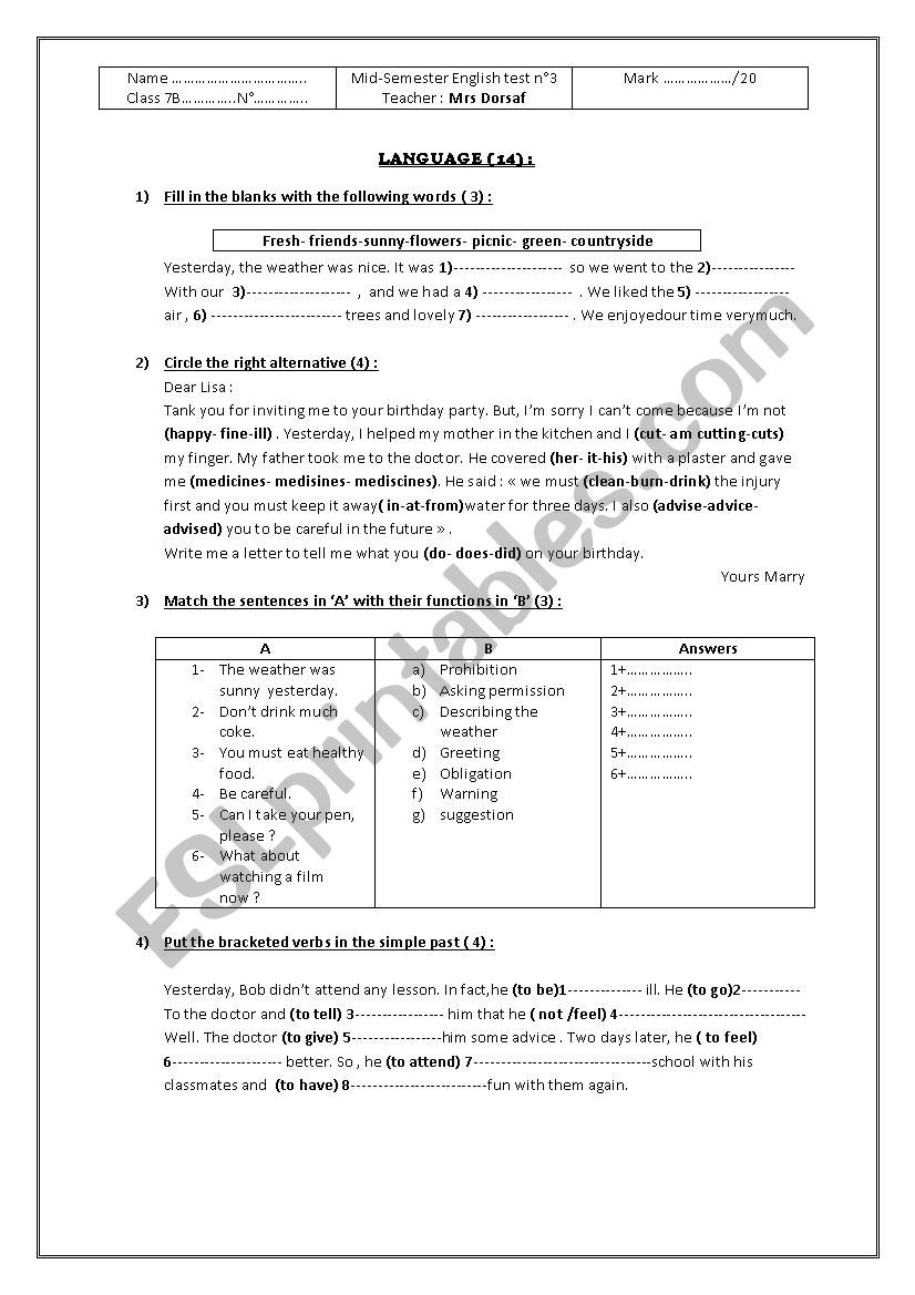 Mid Semester Test N Esl Worksheet By Dorsafthraya