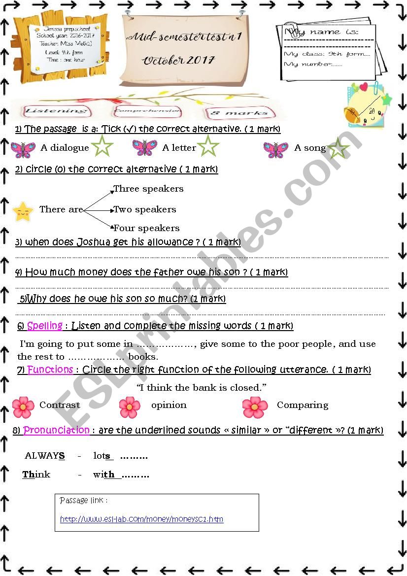 9th Form Mid Semester Test N1 ESL Worksheet By English Teacher 38