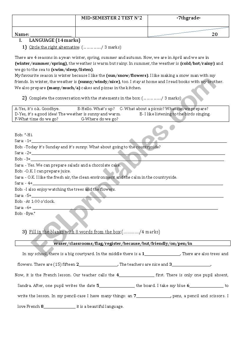 Mid Semester 2 Test N2 7th Grade Tunisia ESL Worksheet By Koko Chanel