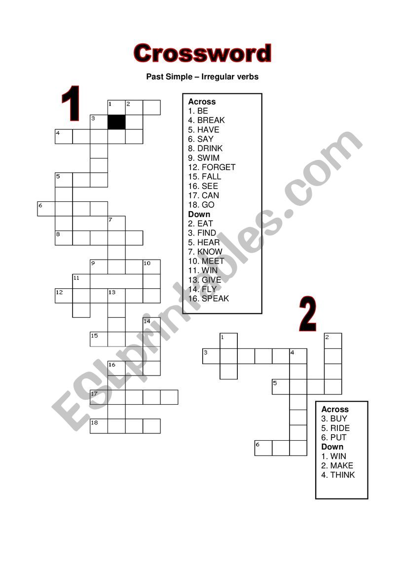 Past Simple Irregular Verbs Activity Crossword Esl Worksheet By