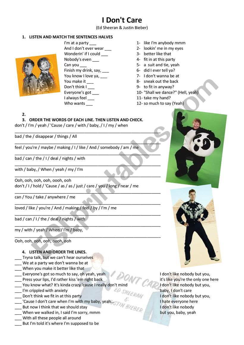 Song I Dont Care Ed Sheeran And Justin Bieber Esl Worksheet By