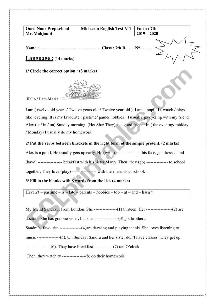 Mid Term English Test N1 7th Form ESL Worksheet By Sala792