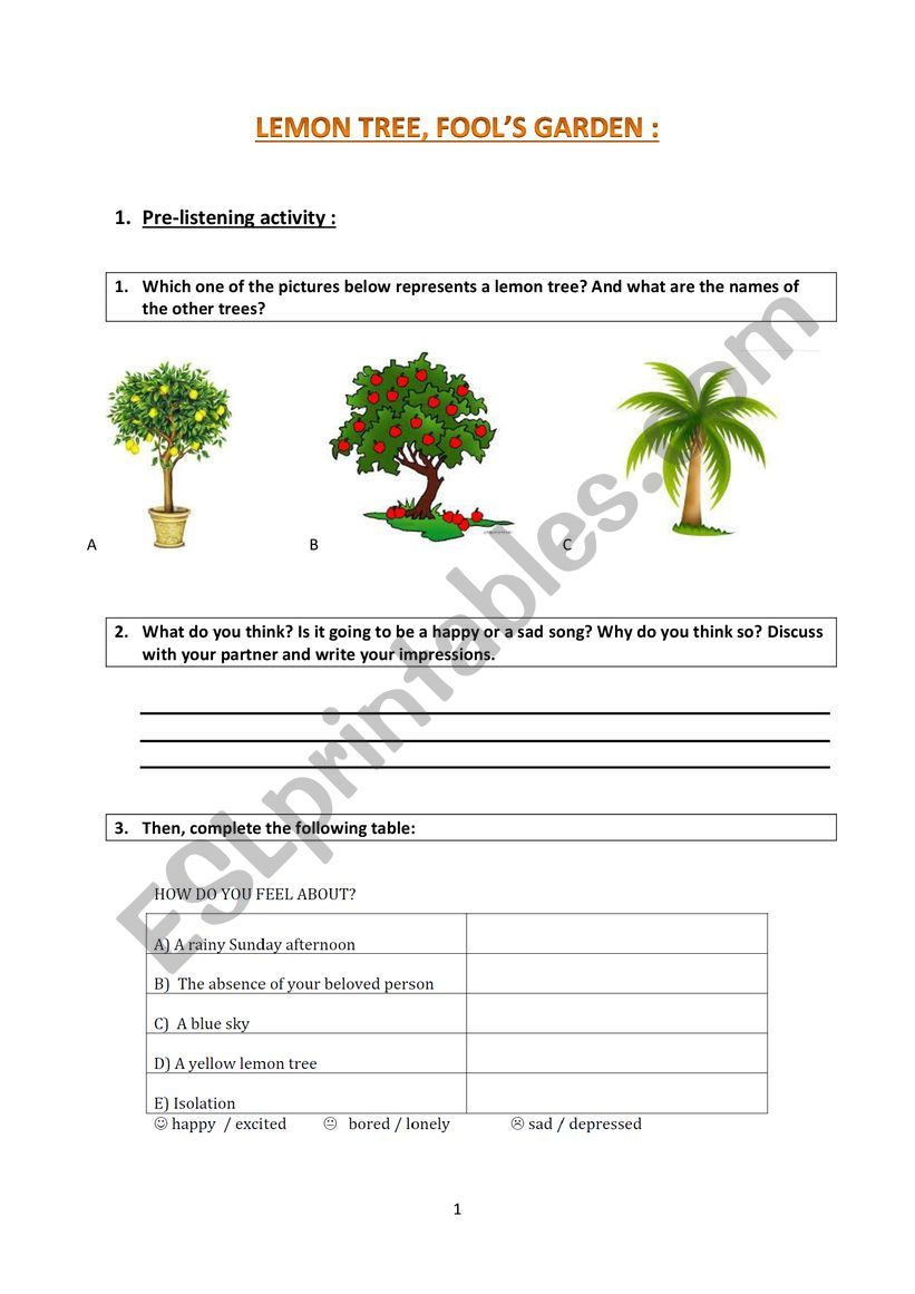 Lemon Tree Fools Garden Esl Worksheet By Cece