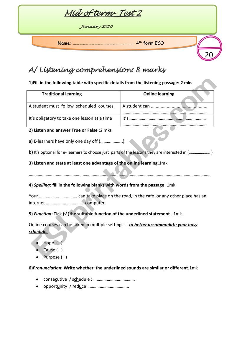 Mid Of Term Test N2 4th Form ESL Worksheet By Batta Tounsi