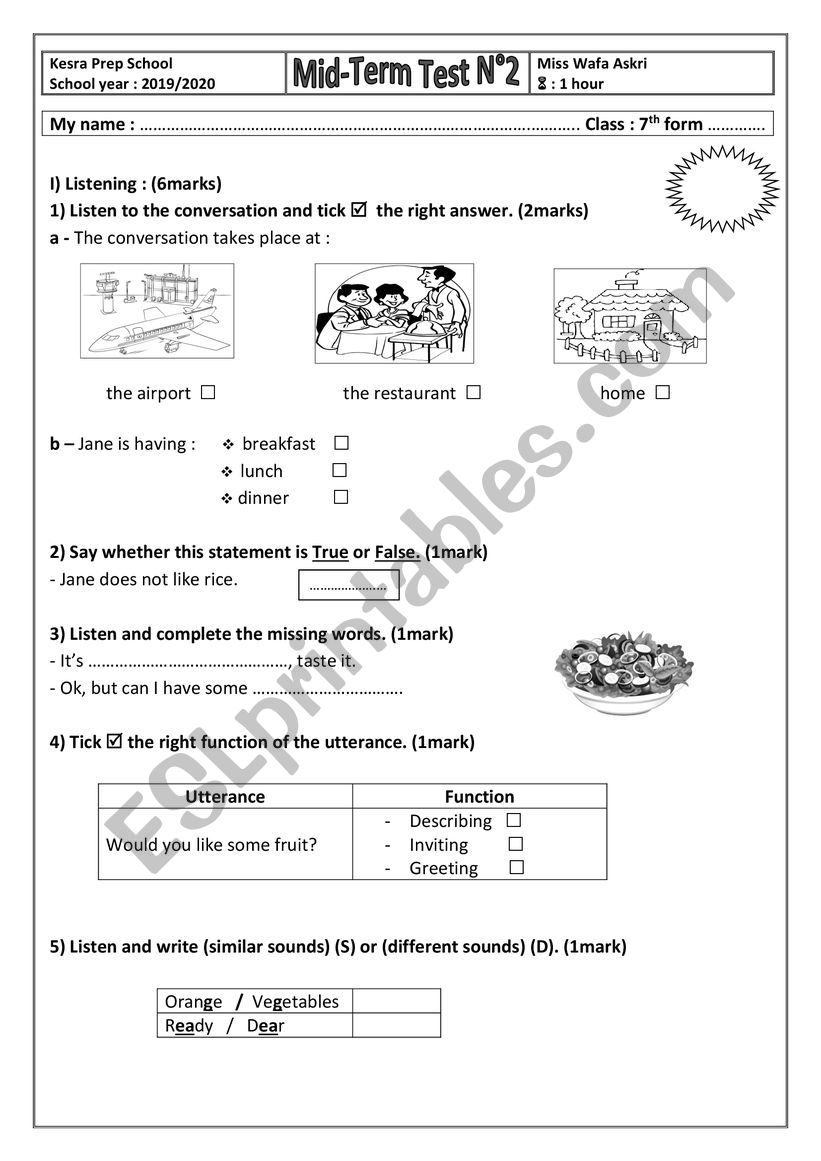 Miid Term Test N2 7th Form ESL Worksheet By Wafouta