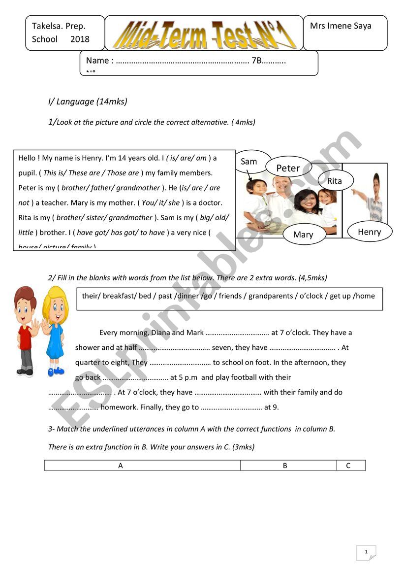 Mid Term Test N1 7 Th Form Tunisia ESL Worksheet By Imene89