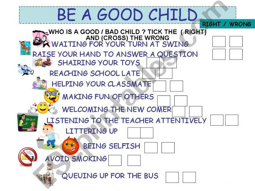 ESL English PowerPoints BE A GOOD CHILD WORKSHEET