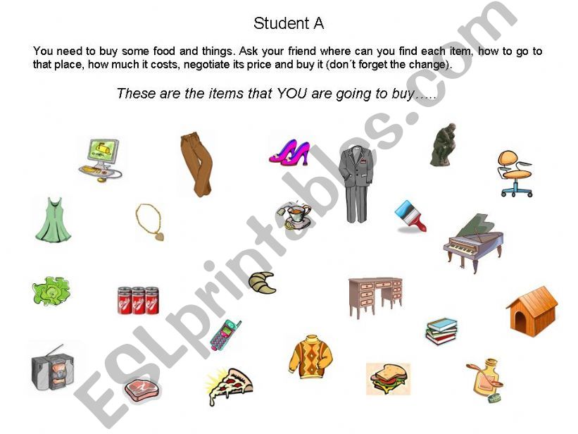 ESL - English PowerPoints: Going shopping - Student A items