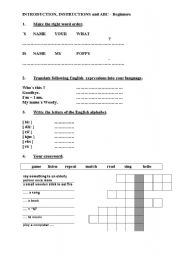 English Worksheet: Introduction, instructions and ABC