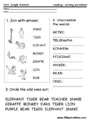 Jungle animals: reading-writing worksheet