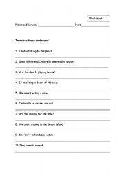 English Worksheet: worksheets for practising translation, preposition and present continous