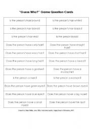 English Worksheet: Guess Who Game Question Cards