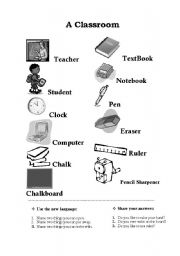 English Worksheet: A CLASSROOM (THINGS, OBJECTS, WITH QUESTIONS TO ANSWER)