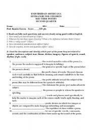 English Worksheet: POETRY EXAM