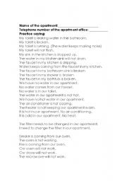 English Worksheet: Calling Apartment Office for Repairs