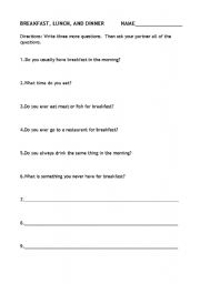 English Worksheet: Breakfast, Lunch, and Dinner