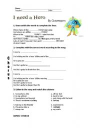 English Worksheet: I need a hero - Song from the film Shrek