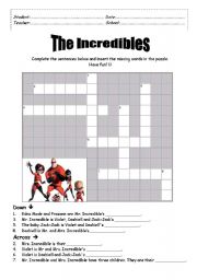 English Worksheet: The Incredibles Crossword Puzzle
