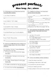 English Worksheet: PRESENT PERFECT: how long, for and since