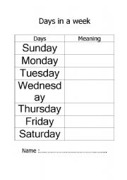English Worksheet: Days in a week