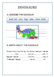 English Worksheet: DINOSUR II  (body parts, description), writing.