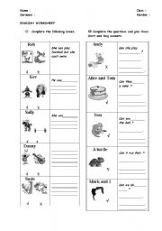 English Worksheet: can - cant