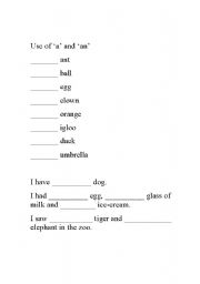 English Worksheet: Use of A and An