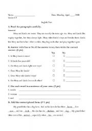 English worksheet: Comrehension and Grammar Quiz