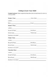 English Worksheet: Getting to Know Your Child!