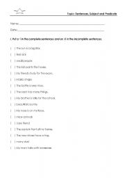 English worksheet: Sentences, subject and predicate
