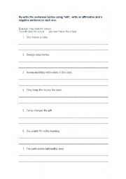 English worksheet: Writing affirmative and negative questions using 