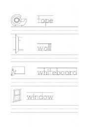 English Worksheet: Classroom vocabulary: tape, wall, whiteboard, window