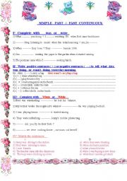 English Worksheet: Simple Past - Past continuous :complete worksheet with different exercises 