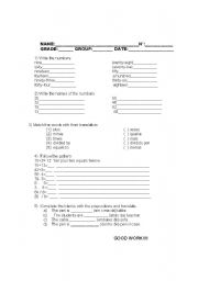 English worksheet: numbers and prepositions