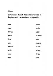 english worksheets number words match 1 10 english spanish
