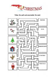 English Worksheet: Follow the path and unscramble the word