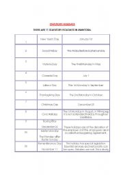 English worksheet: Canadian Statutory Holidays