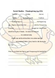 English Worksheet: Thanksgiving Worksheet