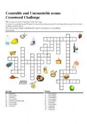 English Worksheet: Countable and Uncountable Nouns: Crossword challenge