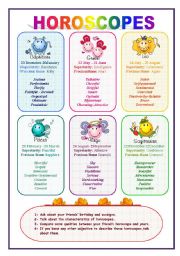 English Worksheet: Horoscopes and adjectives (1/2)