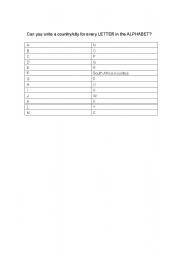 English worksheet: Write a country for every letter in the alphabet