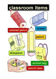 CLASSROOM ITEMS #1- flashcards - colored pencil - eraser - sharpener ...