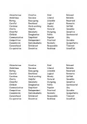 English Worksheet: Personality Characteristics List