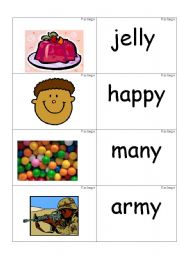 word /picture cards containing y as in jelly phonics