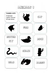 English Worksheet: ANIMALS - silhouette (Game) - 3 pages