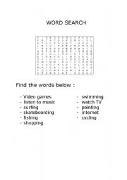 English Worksheet: hobbies word search