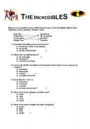 The Incredibles multiple choice question sheet