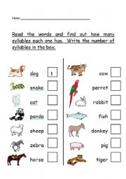 phonological awareness - number of syllables worksheet - animal theme