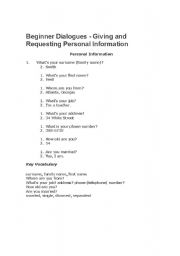 English Worksheet: Beginners Dialogues, Giving and Requesting Personal Information